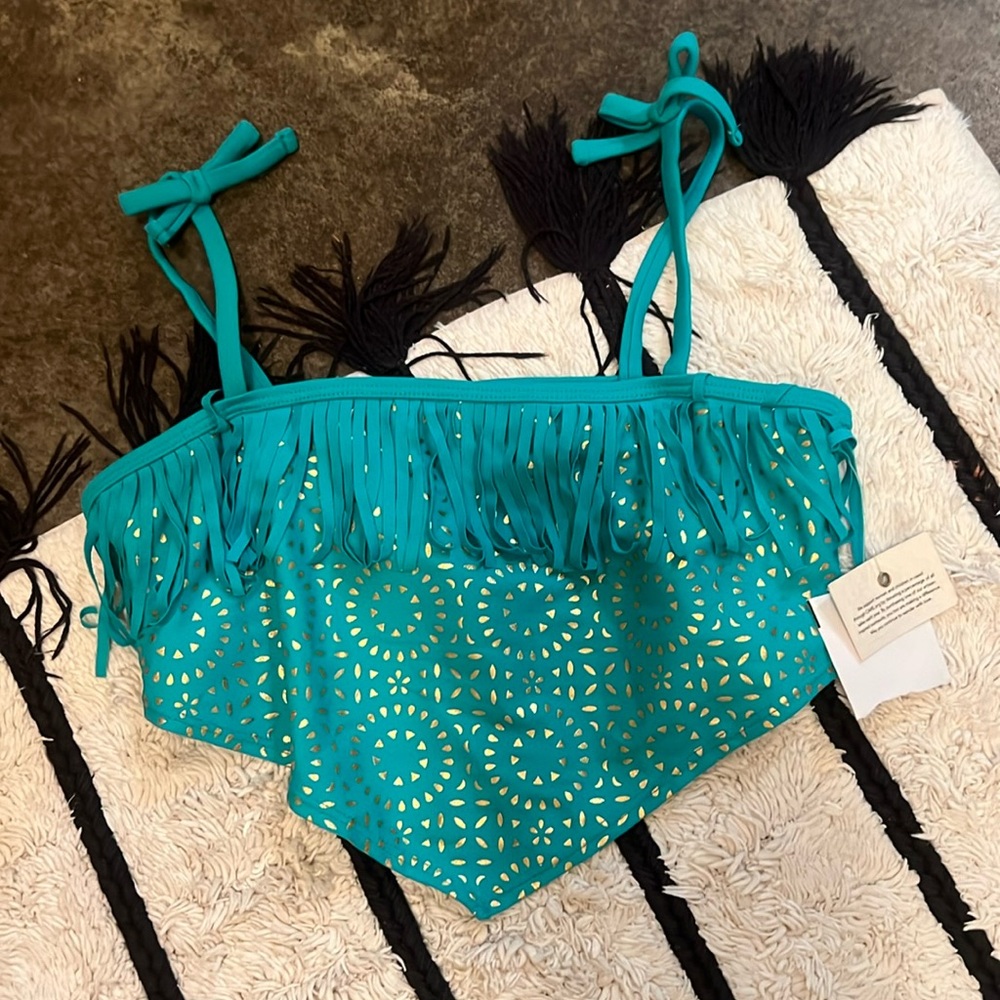 Cleobella TURQUOISE hankie swim top with fringe! Kids Size L